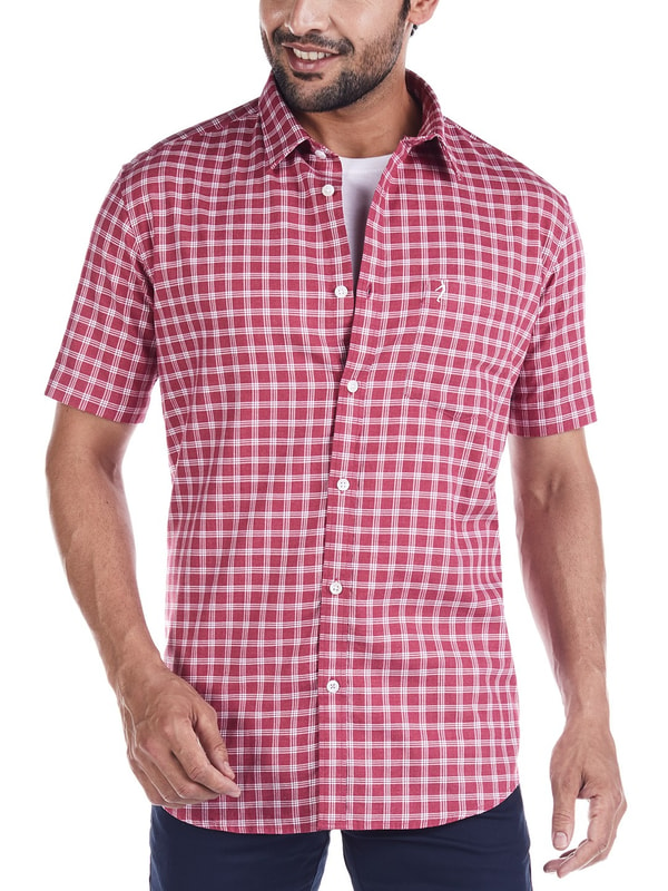 Red Mel Short Sleeves Check Cotton Shirt